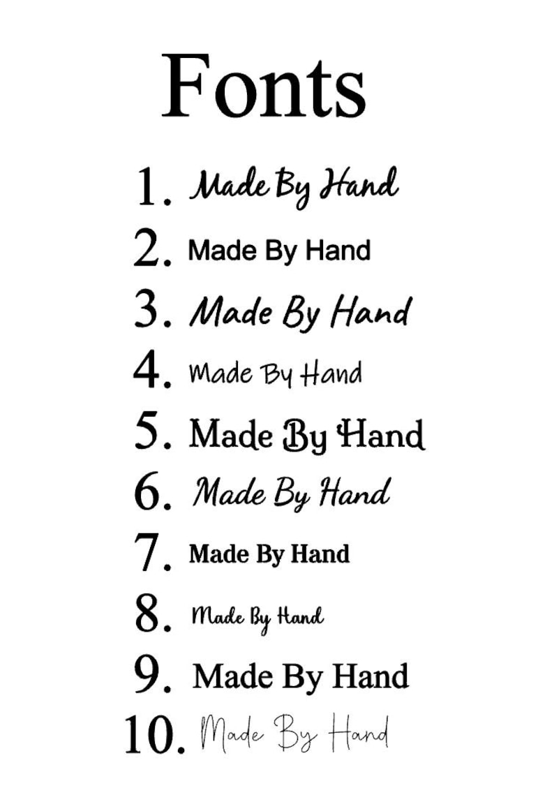 May include: A list of ten different fonts, each labeled with a number and the text "Made By Hand".