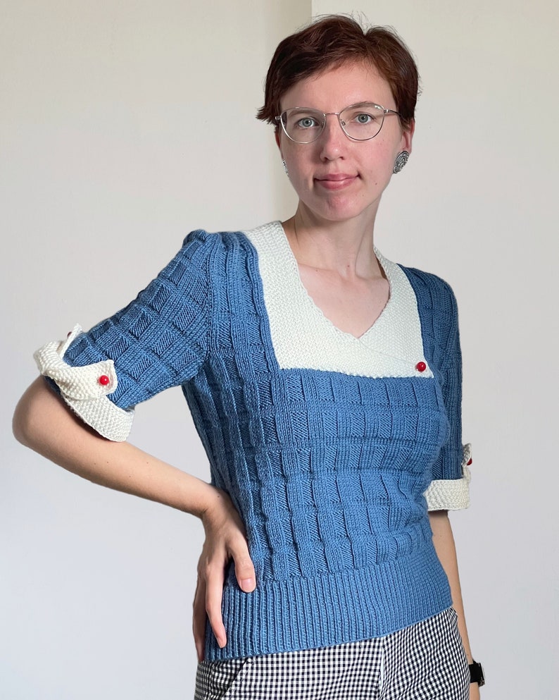 1930s Style Sweaters | Vintage Sweaters     Custom 1930s Textured Jumper with Bow Ties and Decorative Buttons  AT vintagedancer.com