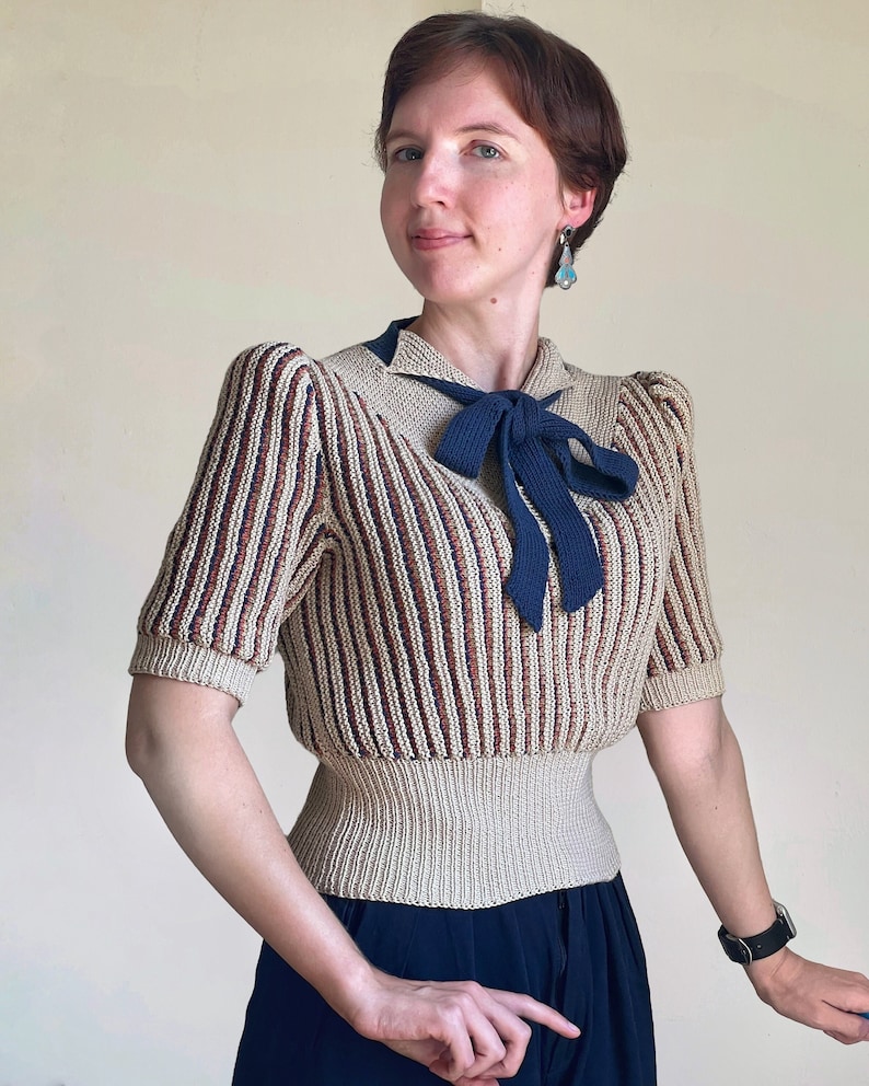 1940s Style Sweaters, Cardigans and Knitwear     Custom early 1940s Fancy Stripe Pullover