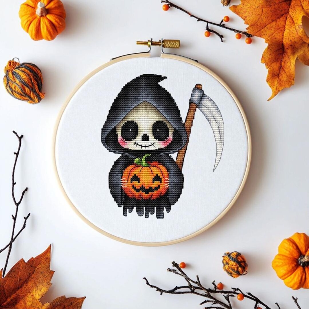 Adorable Halloween Skeleton Cross Stitch | Grim Reaper Holding Pumpkin ...