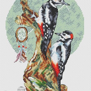 Cross Stitch Pattern &quot;woodpeckers&quot; DMC Cross Stitch Chart Needlepoint Pattern Embroidery Chart Printable PDF Instant Download