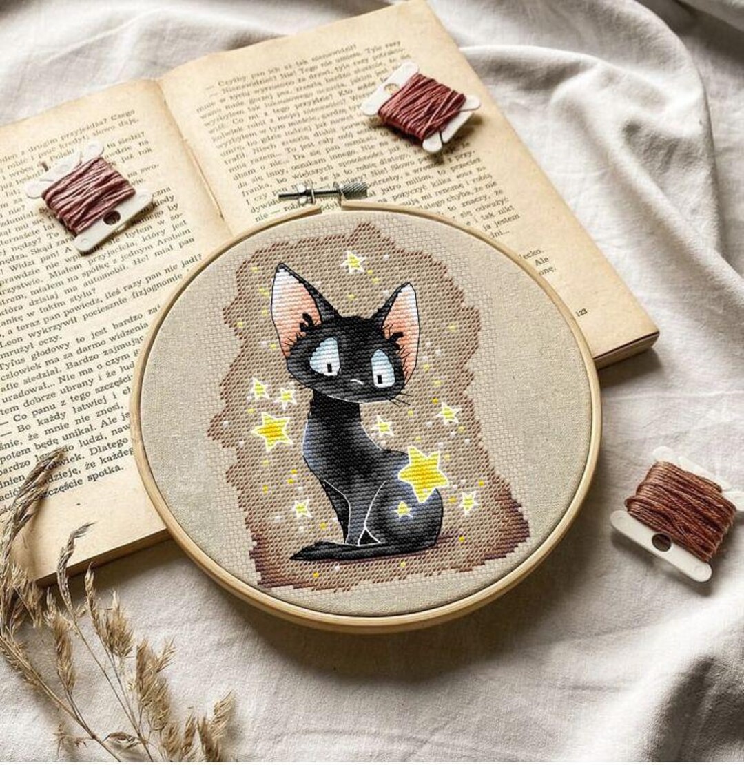 Cute Black Cat Cross Stitch Pattern PDF | Magic Cat With Stars | Kawaii ...