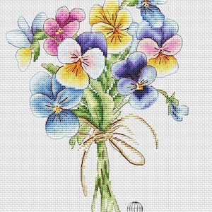 Può includere: Un mazzo di violette colorate in tonalità di blu, giallo, rosa e viola. I fiori sono legati insieme con un nastro marrone e hanno steli verdi.