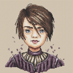May include: A cross-stitch portrait of a person with short brown hair, wearing a purple and white collared shirt. The background is a light beige.