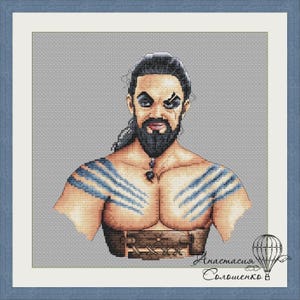 May include: A cross-stitch pattern of a man with a beard and blue tattoos on his chest and shoulders. He has a black eye patch over his right eye. The background is gray.