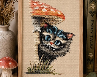 Fantasy Cat Cross Stitch Pattern PDF | Cute Grinning Cat on Mushroom | Instant Download