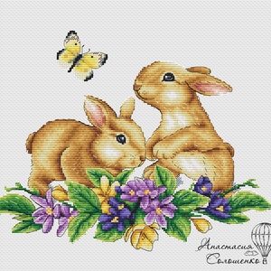 Cross Stitch Pattern &quot;Rabbits&quot; DMC Cross Stitch Chart Needlepoint Pattern Embroidery Chart Printable PDF Instant Download