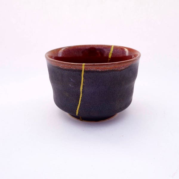 Kintsugi Repair on Black & Red Sake Cup - Japanese Kintsukuroi Pottery - KS-SC-754