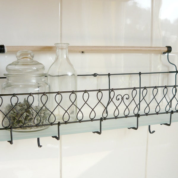 Metal wood glass iron wire patinated shelf, ornamental cottage rustic shelf, Art Nouveau shelf, kitchen bathroom shelf, metal iron furniture