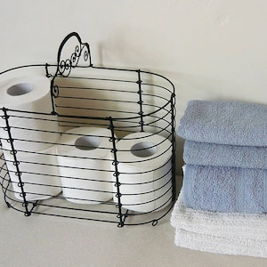 Metal iron wire patinated toilet paper basket, ornamental cottage rustic Art Nouveau toilet paper basket, stand with iron handle