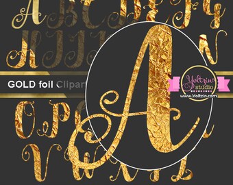 Gold Foil Alphabet Clipart / Gold foil Letters clip art crumpled / Golden metal Font Alphabet Letters alpha 26 PNG capital Instant Download