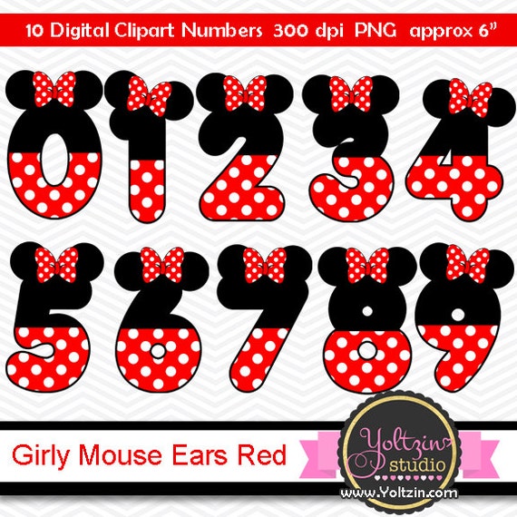 Minnie Mouse Clipart Numbers Ears Red Black Age Digital Clip Etsy