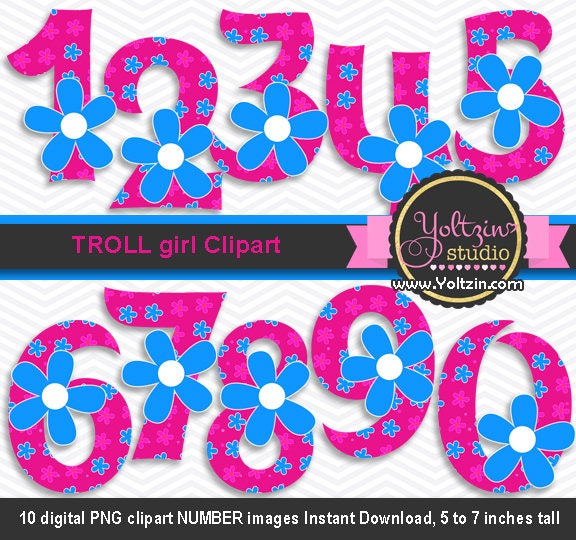 Trolls Clipart Poppy Numbers Hot Pink Blue Flower Girl Age Etsy