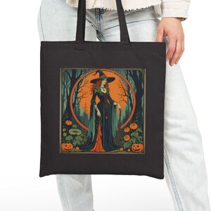 Vintage Witch Tote Bag, Halloween Gift, Witchy Style, Eco-Friendly Bag, Canvas Shopper, Spooky Decor