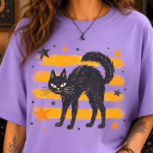May include: A light purple t-shirt featuring a graphic of a black cat with arched back and white eyes. The design includes horizontal yellow brushstroke stripes, black dots, and various orange and black stars scattered across the front.
