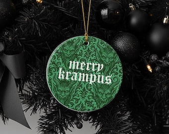 Merry Krampus Ornament: Gothic Green Damask Christmas Decor