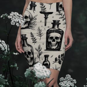 Skull Pencil Skirt, Gothic Skirt, Edgy Fashion, Witchy Outfit, Alternative Style, Trendy Workwear, Vintage-Inspired