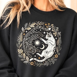 Yin Yang Cat Sweatshirt: Celestial Cat Sweatshirt, Witchy Cat Familiar Jumper, Cottagecore Cat Sweater, Gothic Cat Mama Unisex Pullover