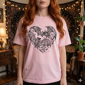 Vampire Bat Heart T-shirt: Linocut Gothic Heart Crewneck | Dark Romance Gift | Spooky Love Tee Blossom
