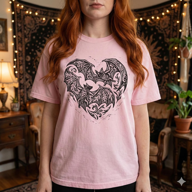 Vampire Bat Heart T-shirt: Linocut Gothic Heart Crewneck | Dark Romance Gift | Spooky Love Tee Blossom