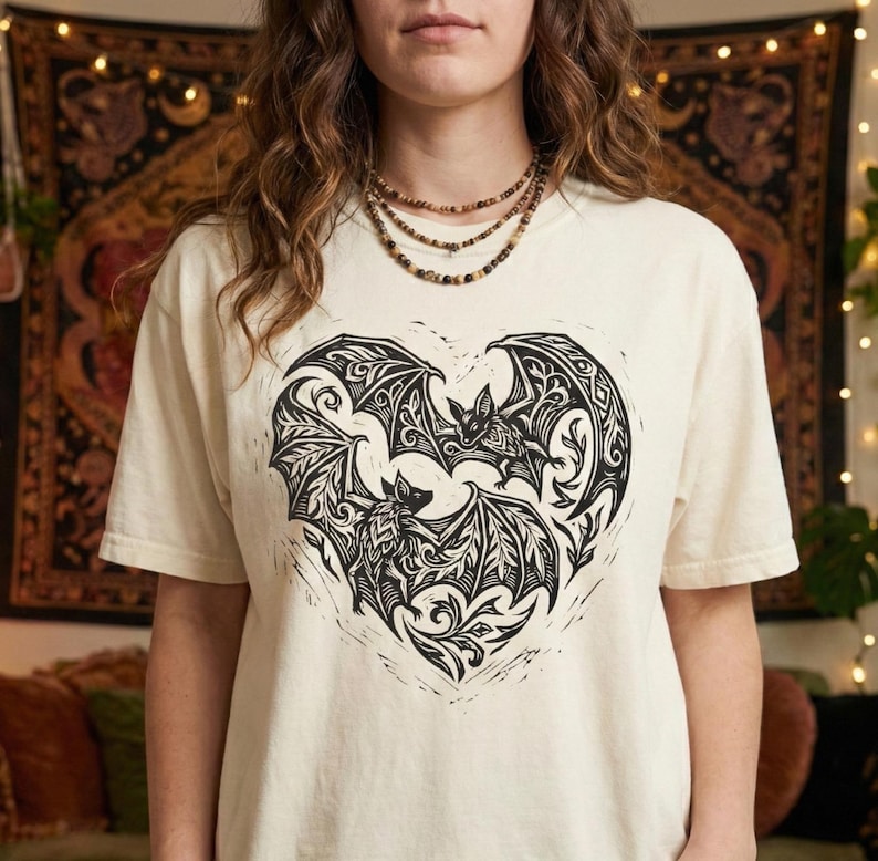 May include: Cream-colored t-shirt featuring a black heart-shaped design with two bats and ornate details. The bats are depicted with their wings spread, and the design has a woodcut style. The shirt has short sleeves and a crew neck.