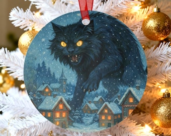 Yule Cat Metal Ornament: Creepy Christmas Decor, Gothic Winter Village Decoration