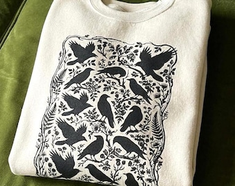 Floral Crow Sweatshirt: Witchy Gothic Bird Jumper, Nature Folklore Crewneck, Dark Academia Unisex Pullover