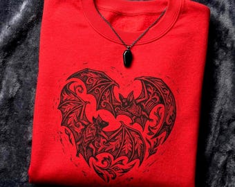 Vampire Bat Heart Sweatshirt: Gothic Linocut Pullover