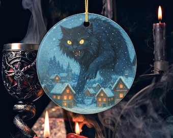 Yule Cat Christmas Ornament: Creepy Nordic Holiday Decor, Folklore Ceramic Ornament, Gothic Winter Village Decoration
