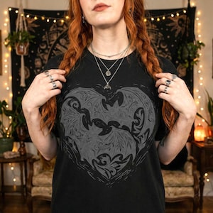Vampire Bat Heart T-shirt: Linocut Gothic Heart Crewneck | Dark Romance Gift | Spooky Love Tee Black