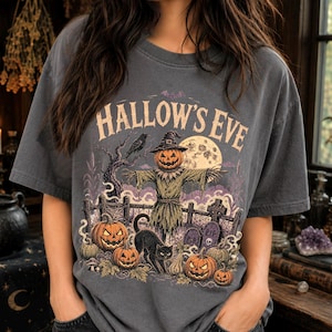 Halloween Scarecrow T-Shirt: Vintage Hallows Eve, Spooky Orchard Work From Home Shirt, Witchy Pumpkin Patch Unisex Tee, Fall Festival Top