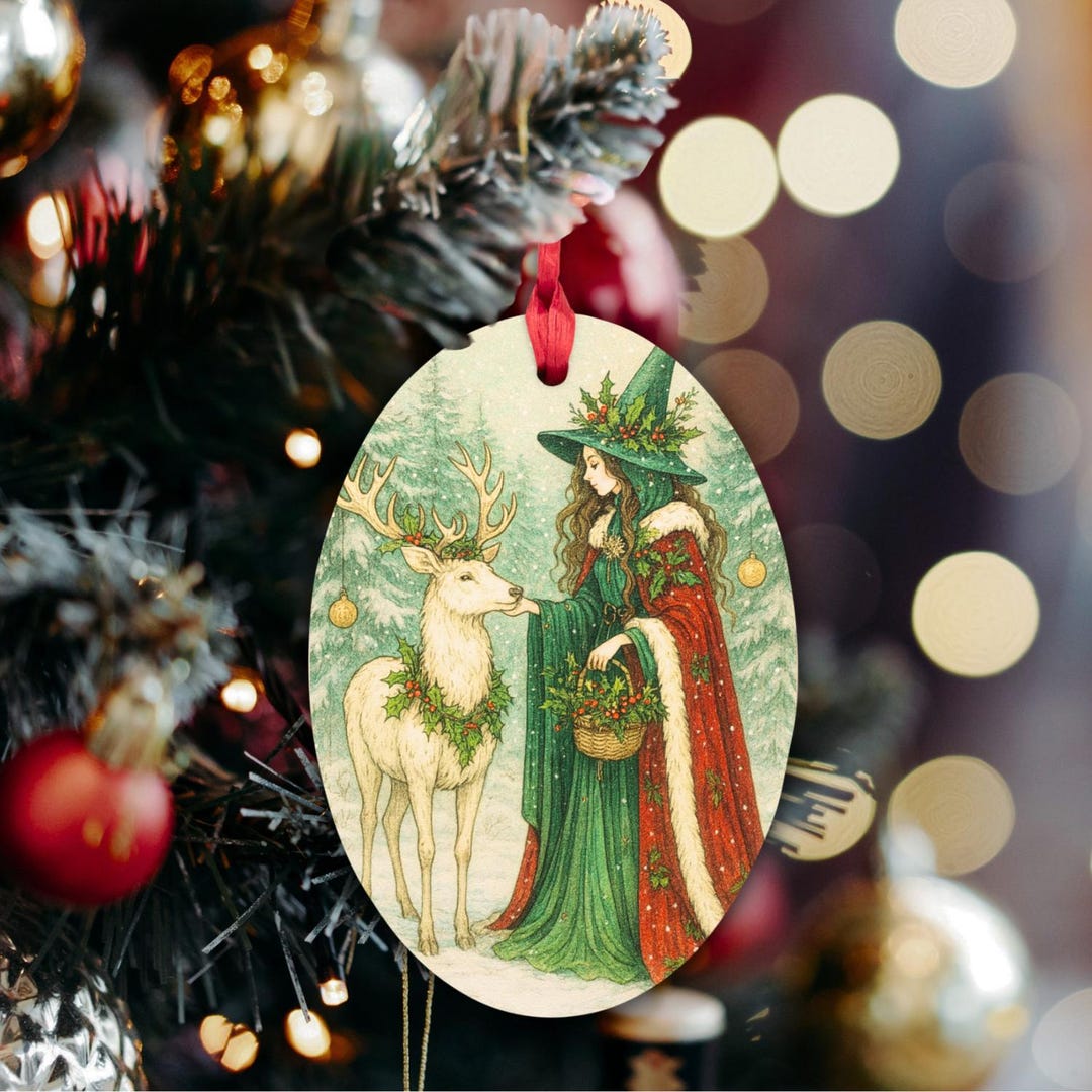 Wooden Witch & Stag Yule Ornament: Winter Solstice Decor, Pagan ...