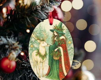 Adorno navideño de madera de bruja y ciervo: decoración del solsticio de invierno, regalo navideño pagano.