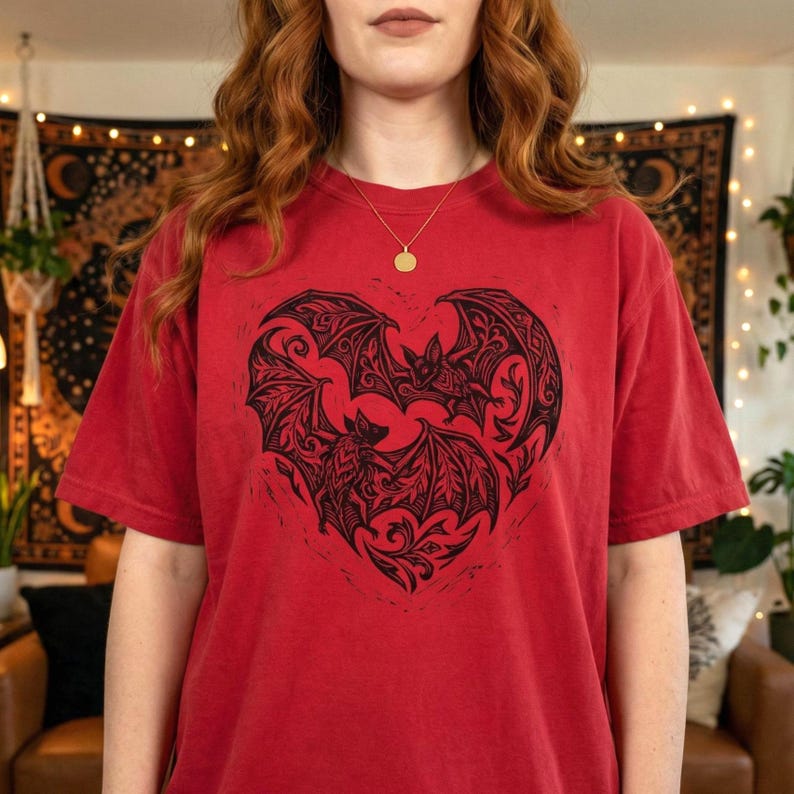 May include: Red t-shirt featuring a black heart-shaped design with bats. The graphic includes detailed wing patterns and decorative elements. The shirt has short sleeves and a crew neck.