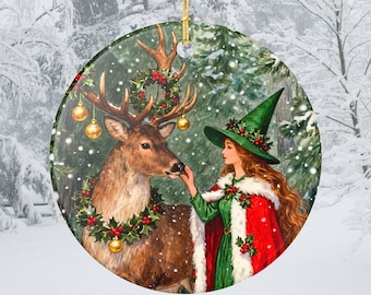 Winter Witch and Stag: Ceramic Yule Ornament, Yuletide Blessings Decor