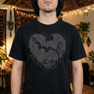 Vampire Bat Heart T-shirt: Linocut Gothic Heart Crewneck | Dark Romance Gift | Spooky Love Tee image 12