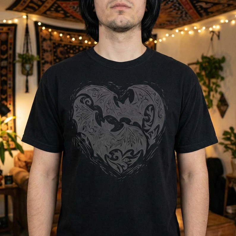 Vampire Bat Heart T-shirt: Linocut Gothic Heart Crewneck | Dark Romance Gift | Spooky Love Tee image 12