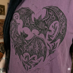 Vampire Bat Heart T-shirt: Linocut Gothic Heart Crewneck | Dark Romance Gift | Spooky Love Tee image 7