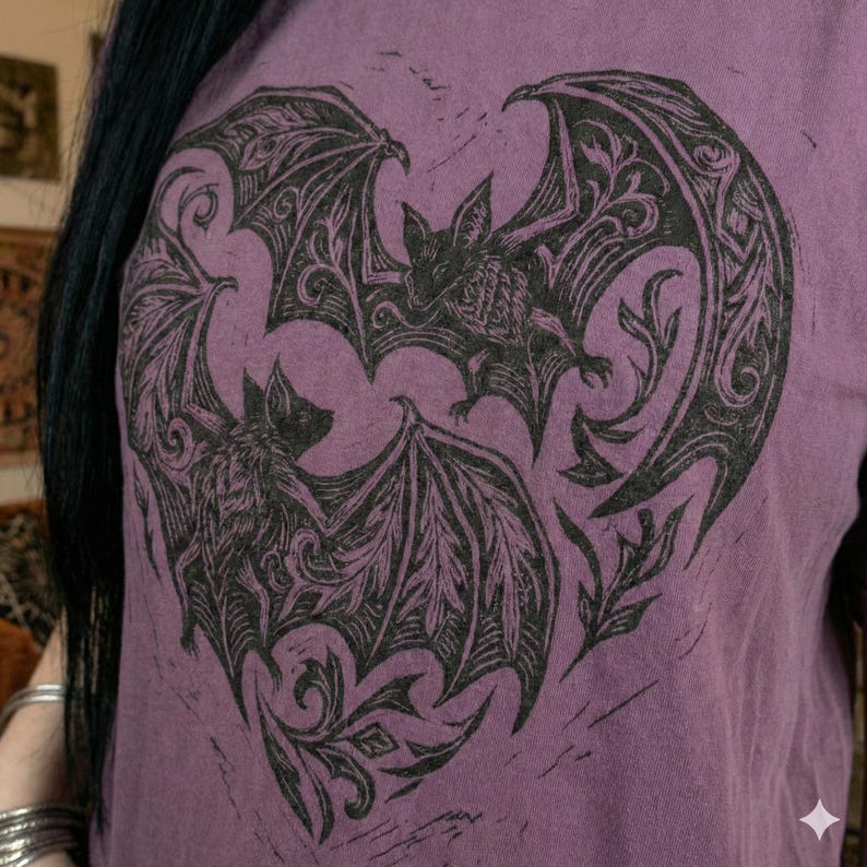 Vampire Bat Heart T-shirt: Linocut Gothic Heart Crewneck | Dark Romance Gift | Spooky Love Tee image 7