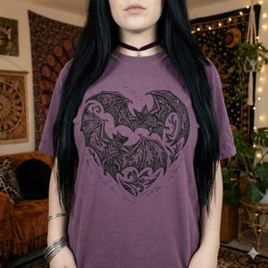 Vampire Bat Heart T-shirt: Linocut Gothic Heart Crewneck | Dark Romance Gift | Spooky Love Tee Berry