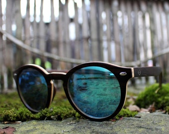 Runde Sonnenbrille aus Holz, verspiegelte blaue Linsen, Ebenholz-Sonnenbrille, Frauenholz-Sonnenbrille, gravierte Holzsonnenbrille, personalisiert