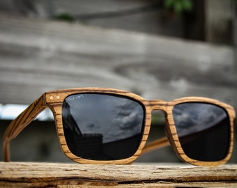 Zebra wood sunglasses, square  style, wood sunglasses, by Paul Ven, handmade personalised gift, engraved sunglasses