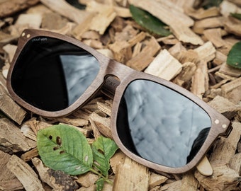 Paul Ven walnut wood flat top sunglasses. White  Polarised wood sunglasses, engraved wooden sunglasses, personalised sunglasses