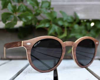 Wooden Round Sunglasses, walnut wood sunglasses, woman wood sunglasses, wooden sunglasses polarised, engraved wood sunglasses, personalised