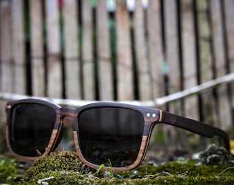 Ebony wood, square style, wood sunglasses, black polarised lenses, by Paul Ven, handmade personalised gift, engraved sunglasses