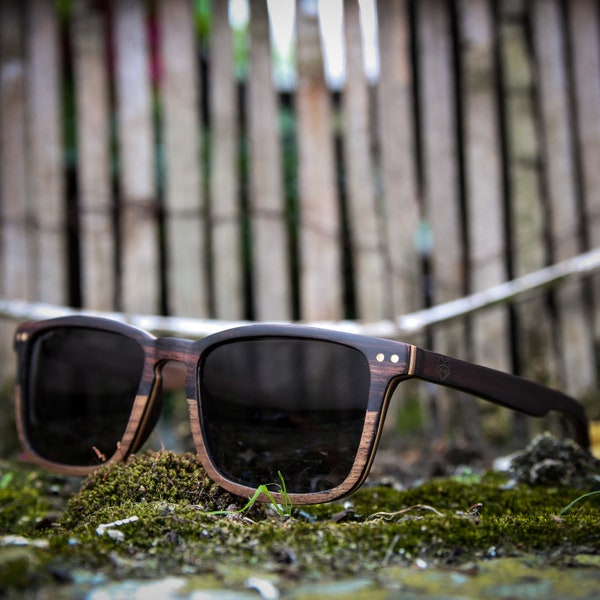 Ebony wood, square style, wood sunglasses, black polarised lenses, by Paul Ven, handmade personalised gift, engraved sunglasses