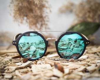 Round Wood Sunglasses, With Metal Bridge, mirrored blue lenses, polarised. Ebony  wood, personalised, engraved sunglasses, engraved gift