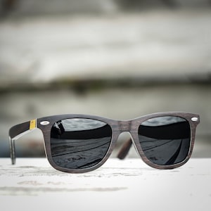 Wood Wayfarer Sunglasses, by Paul Ven, polarised black lenses, engraved and personalised gift, wooden man sunglasses, custom engraving