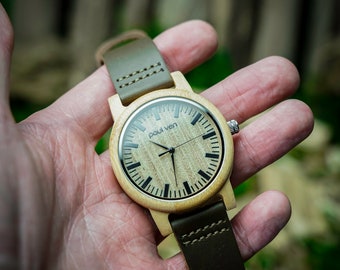 Wooden watch, engraved own handwriting, unique gift for special occasion, Man wood watch, custom watch with leather strap, Personalised gift