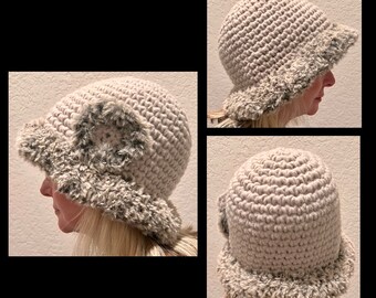 Beautiful Bucket Hat with Faux Fur Trim and Flower Embellishment - 2023 Fashion Accessory — Boho Chic, Warm and Comfortable.